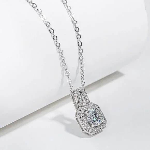Certified 2ct. t.w. Moissanite Diamond Square Halo Pendant Necklace NEW - Picture 4 of 15